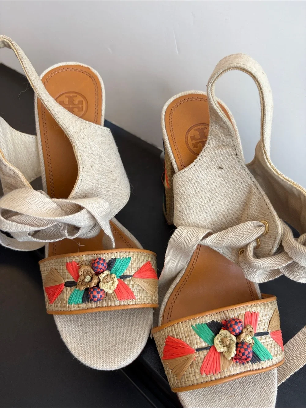 Tory Burch Neutral Raffia Wedge Sandals with Multicolor Tassel Detail